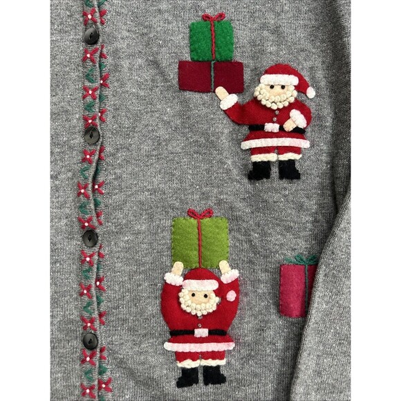 M Carroll Reed Womens M Gray Ramie Santa Holiday Cardigan Sweater Christmas - Picture 3 of 4